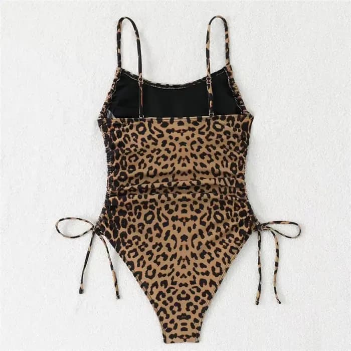 Maillot de bain une pièce sexy imprimé léopard pour femme, dos nu, avec cordon de serrage latéral et bretelles spaghetti, idéal pour la plage 2025