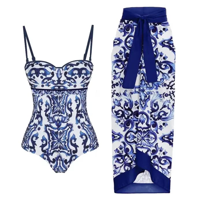 Maillot de bain une pièce imprimé porcelaine bleue et blanche