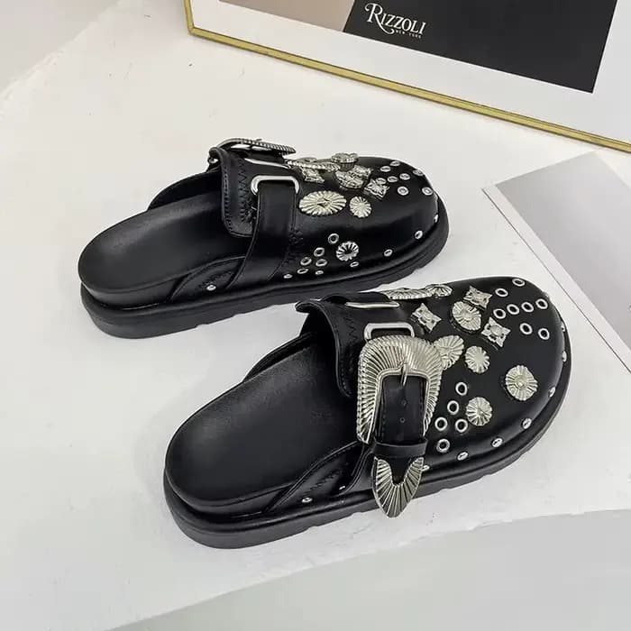 Mules d'été pour femmes, pantoufles à Rivets, Punk Rock, plate-forme en cuir, pantoufles créatives avec raccords en métal, chaussures de fête décontractées, diapositives d'extérieur