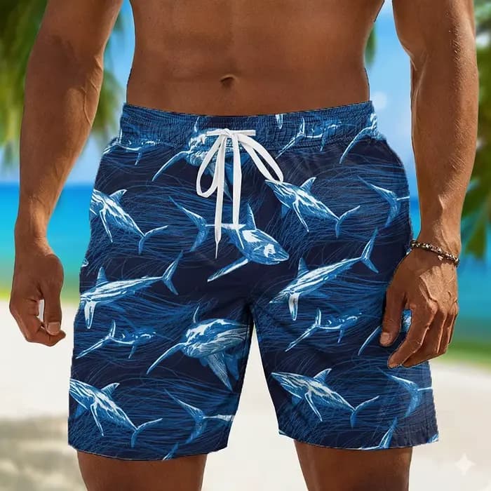 Shorts à cordon de serrage bleu marine pour hommes, imprimé requin, short de bain décontracté et ample pour la plage et les vacances au printemps et en été