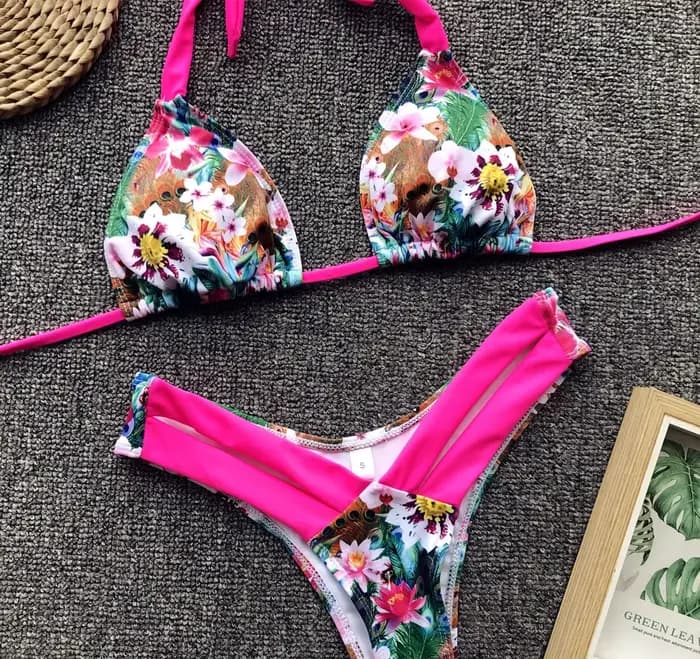 Bikini 2026 Sexy Imprimé Léopard Floral Halter Maillot de Bain Femme Ensemble