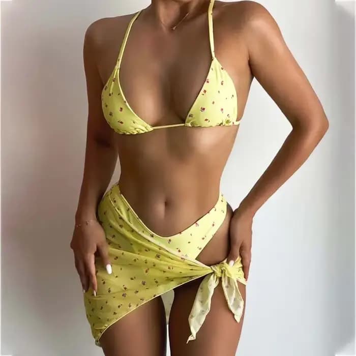 2025 vêtements de plage Bikinis jaune maillot de bain imprimé fleuri maille Cove Ups 3 pièces Bikini ensemble Damen Sexy maillot de bain femmes vêtements de natation