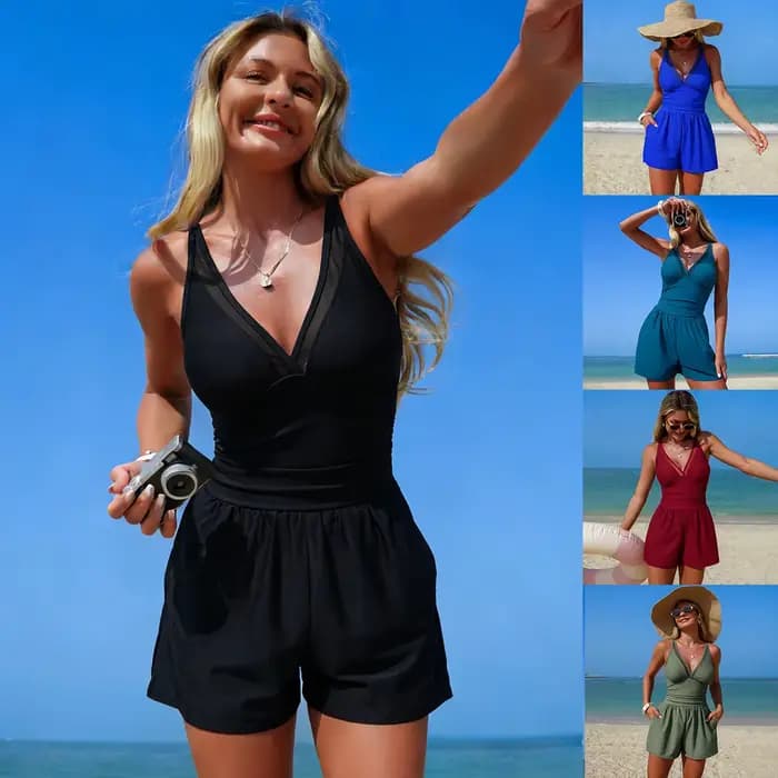 Nouveau Maillot de Bain Une Pièce Femme 2026 Couleur Unie avec Poche Sportif Conservateur Haute Élasticité Sans Manches Course Fitness