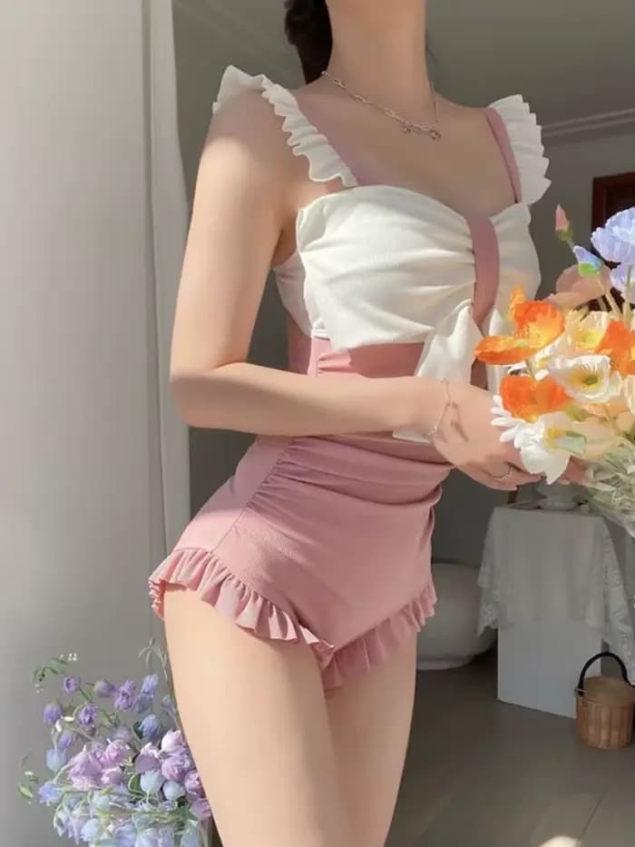 Maillot de bain une pièce Kawaii à carreaux pour femme