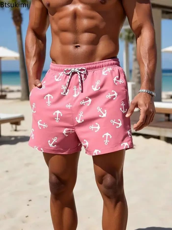Nouveauté 2026 Shorts de plage décontractés pour hommes, coupe droite ample avec cordon de serrage, imprimés tendance