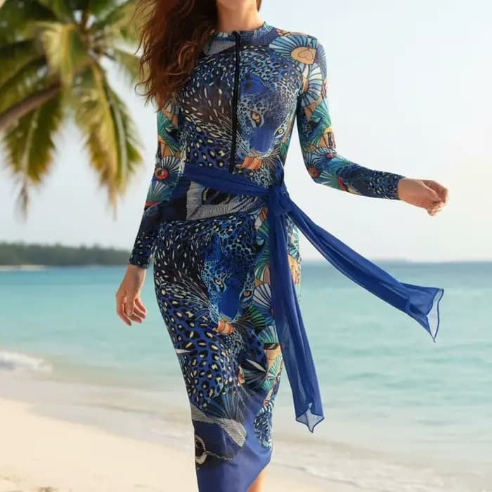 Maillot de bain une pièce pour femme 2026 Nouveauté Manches longues Fermeture éclair Imprimé Conservateur Sexy Vacances à la plage Ensemble multi-pièces Séchage rapide