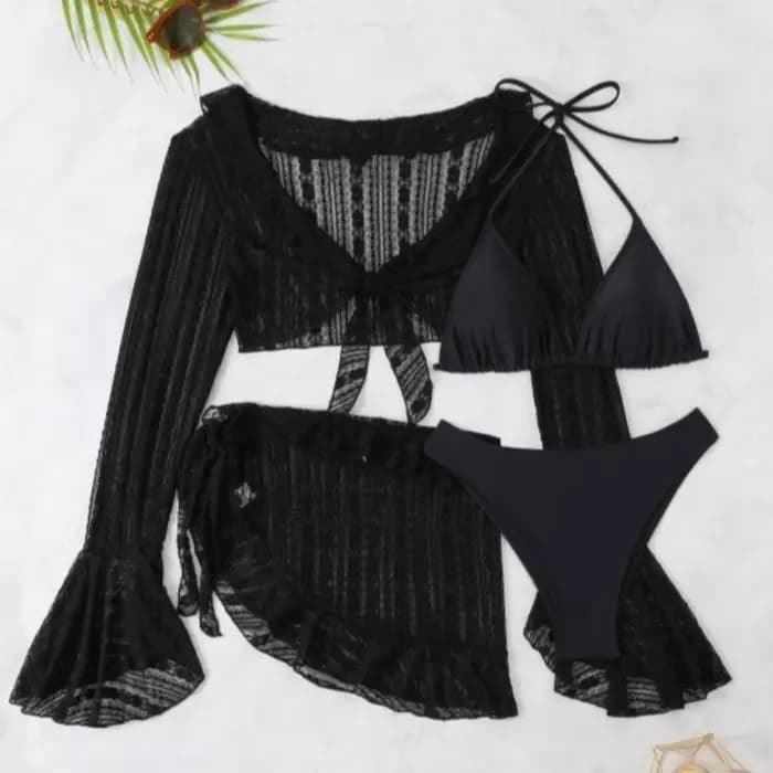 Nouveau Femmes 4 pièces dentelle Bikini ensemble à manches longues couvrir taille haute bas maillot de bain maillots