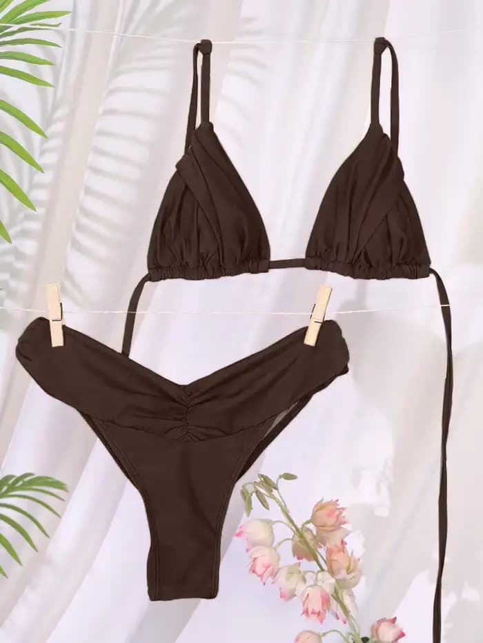 Sexy plis Bikini ensemble solide Micro Bikinis femmes maillot de bain femme Triangle maillots