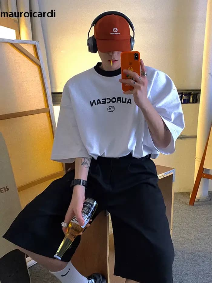 Mauroicardi printemps été ample décontracté doux noir plissé Shorts pour hommes hommes avec taille haute court pantalon droit vêtements 2024