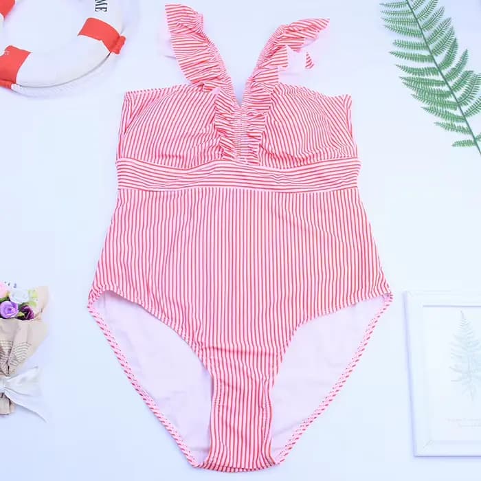 Rouge à volants une pièce maillot de bain col en V profond maillots