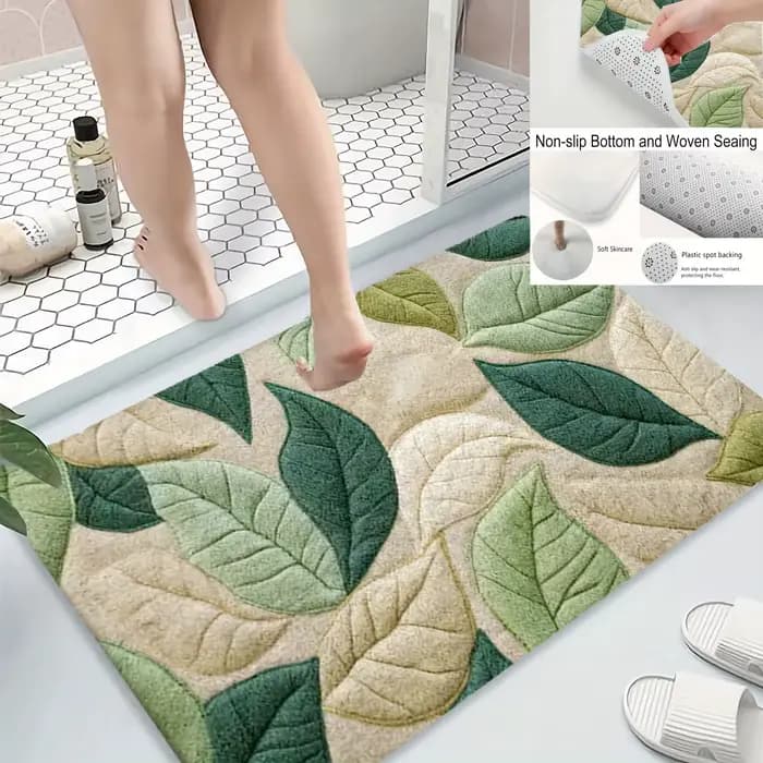 Tapis de bain à motif de feuilles vertes, tapis antidérapant en flanelle douce, pour salle de bain, cuisine, entrée, décoration de douche, cadeau de pendaison de crémaillère