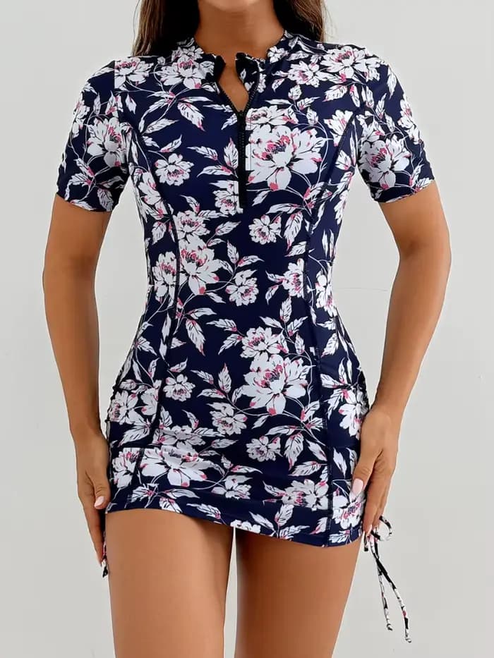 Maillot de bain deux pièces femme 2026 Nouveauté Manches courtes Imprimé Fermeture éclair Fendu Taille haute Tenue de