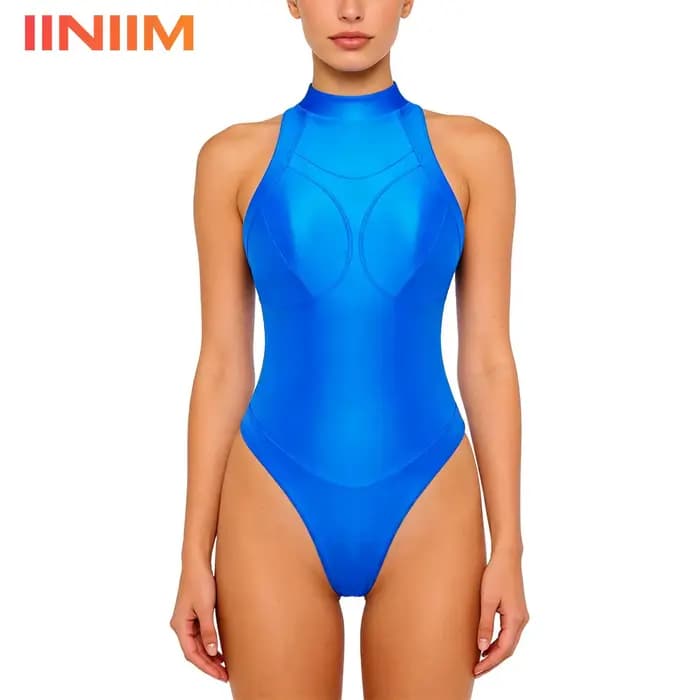 Maillot de bain une pièce pour femme à col montant et dos nu