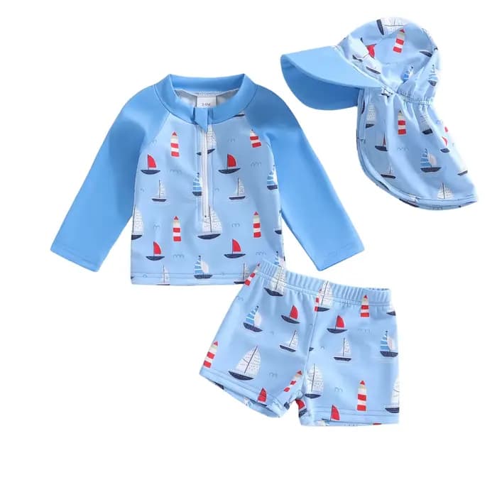 Maillot de bain Rash Guard pour bébé garçon, manches longues, imprimé requin et voilier, avec chapeau