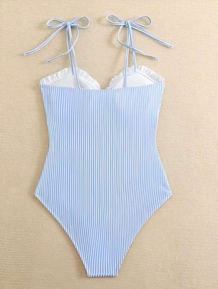 Maillot de bain une pièce sexy à bretelles rayé et à volants pour femme 2026 – Tenue de plage