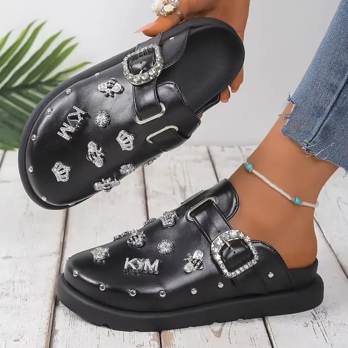 Mules d'été pour femmes, pantoufles à Rivets, Punk Rock, plate-forme en cuir, pantoufles créatives avec raccords en métal, chaussures de fête décontractées, diapositives d'extérieur