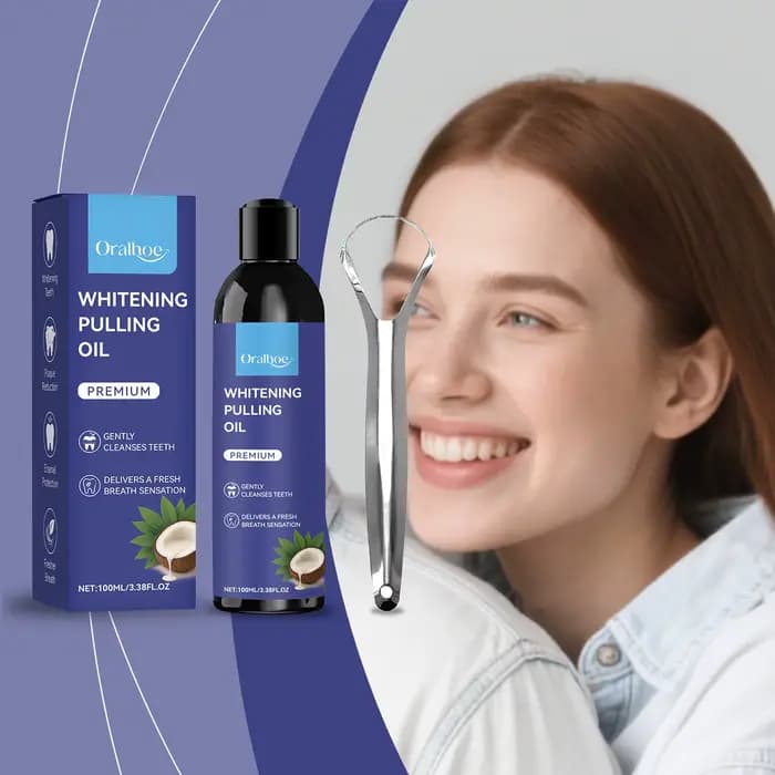 Huile de traction de noix de coco avec grattoir à langue, blanchiment des dents, hygiène buccale, nettoyage, haleine fraîche, élimination des odeurs sans alcool, bain de bouche