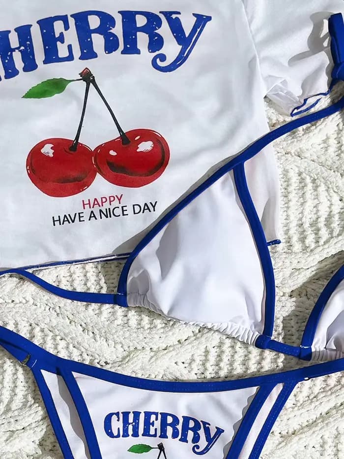 Maillot de bain trois pièces sexy et frais à imprimé cerises, style halter, bleu foncé, collection 2026