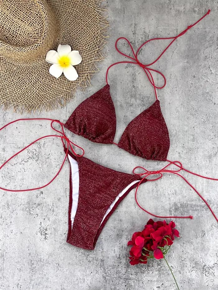 Bikini triangulaire à paillettes sexy pour femmes, maillot de bain à la mode avec lacets, vêtements de bain Vintage pour femmes