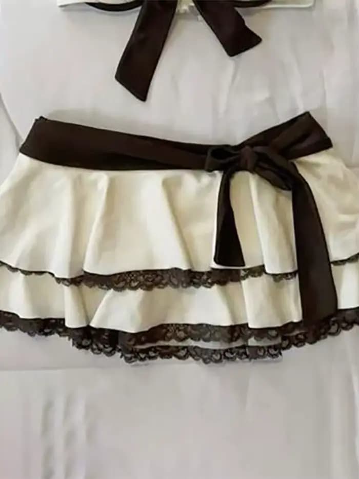 Ensemble bikini jupe beige d'été avec dentelle et nœud, style Y2K, mignon et tendance, pour la plage, la piscine, les vacances, maillot de bain féminin