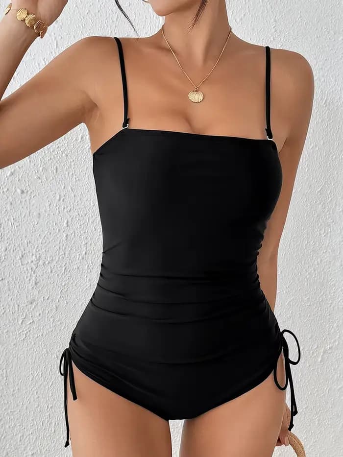 Maillot de bain une pièce noir uni sans bretelles avec cordon de serrage 2026 pour femme – Tenue de plage sexy
