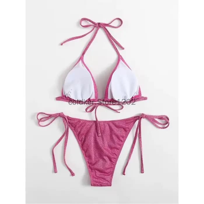 Rose bleu noir brillant Bikini ensemble Triangle Bikinis bandeau maillot de bain femmes maillot de bain deux pièces été Biquini nouveaux vêtements de plage