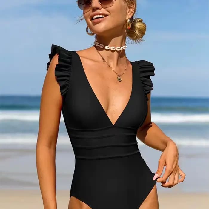 Nouveau Maillot de bain une pièce dos nu été couleur unie épissage champignon bord col en v mode Onesie