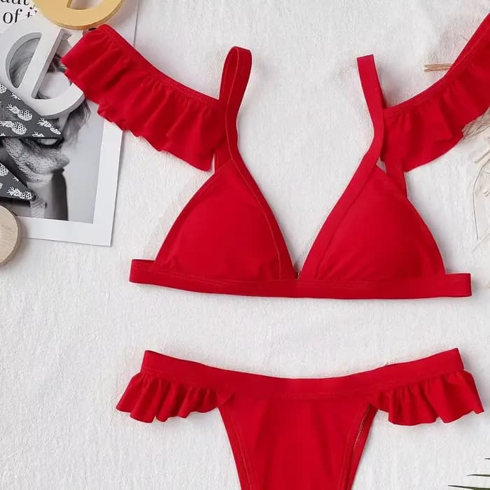 2026 Ensemble de bikinis sexy pour femme, maillot de bain rouge à volants, style triangle, tenue de plage