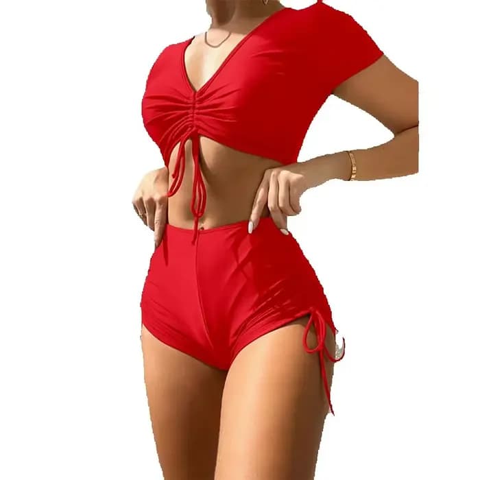 Maillot de Bain Sexy à Manches Courtes et Col en V