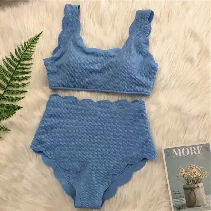 2025 nouvelles femmes maillot de bain festonné taille haute Bikini ensemble solide deux pièces grande