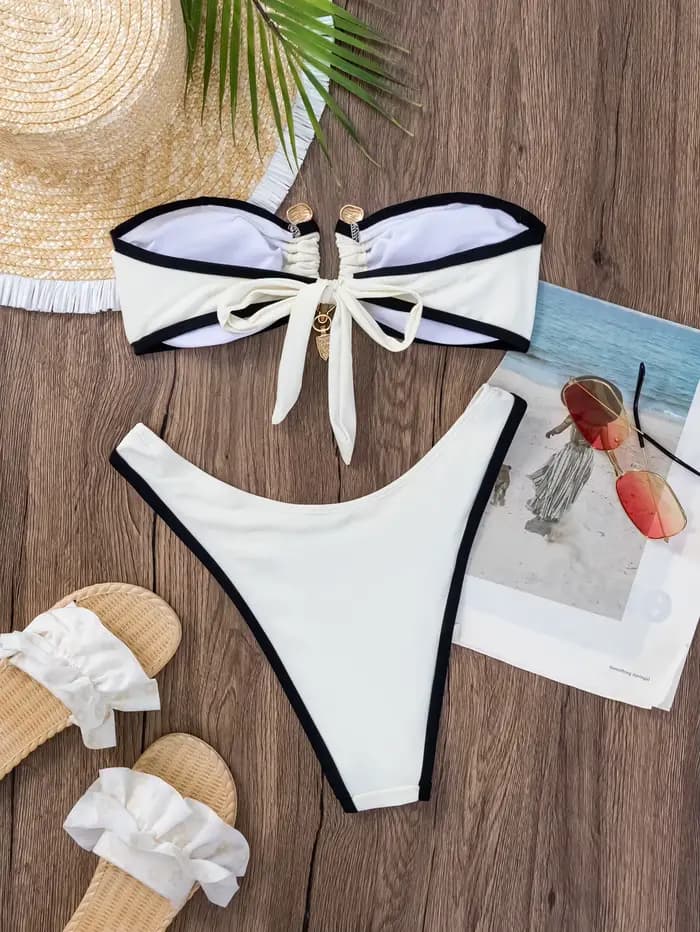 Bandeau Bikini 2026 Femme Sexy Beige Contrastant Plissé Push-Up Micro Maillot de Bain Brésilien Découpé Plage String