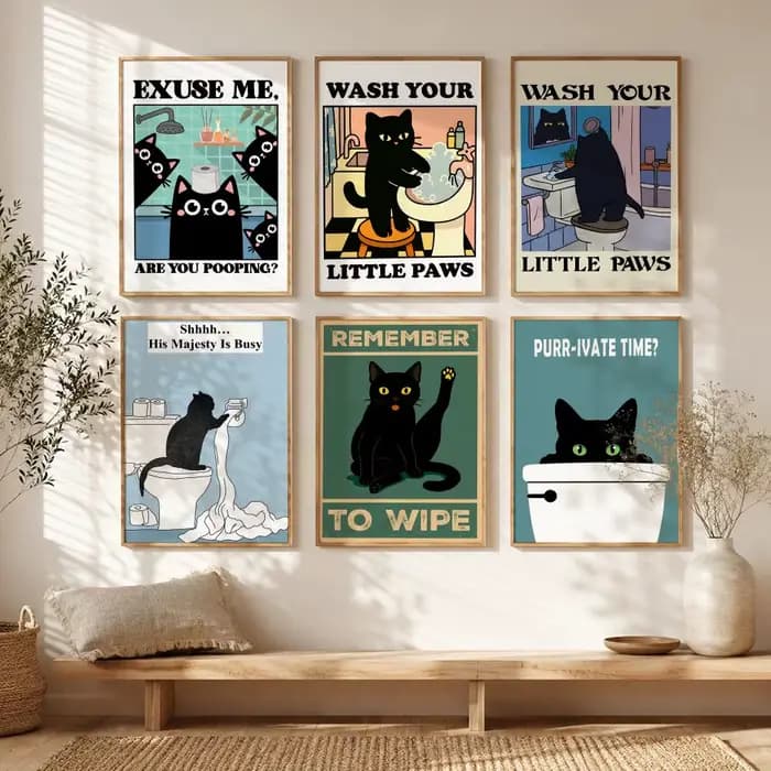 Affiche drôle de chat noir pour salle de bain, autocollant mural auto-adhésif HD imperméable et assorti à toutes les décorations, pour la maison et la chambre à coucher
