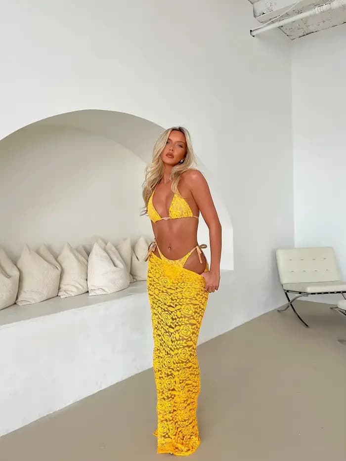 Sexy dentelle 3 pièces Bikini avec jupe licou femmes dentelle soutien-gorge maillot de bain maillot de bain maillots de bain vacances décontracté femme