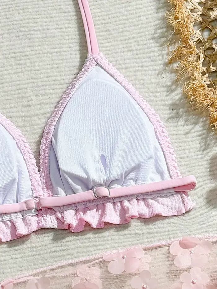 Ensemble de bikinis 3 pièces pour adolescentes et jeunes filles, jupe de plage en maille florale 3D, maillot de bain pour filles de 7 à 16 ans, maillot de bain mignon et décontracté pour grandes fille