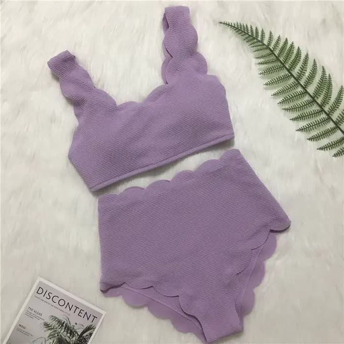 2025 nouvelles femmes maillot de bain festonné taille haute Bikini ensemble solide deux pièces grande