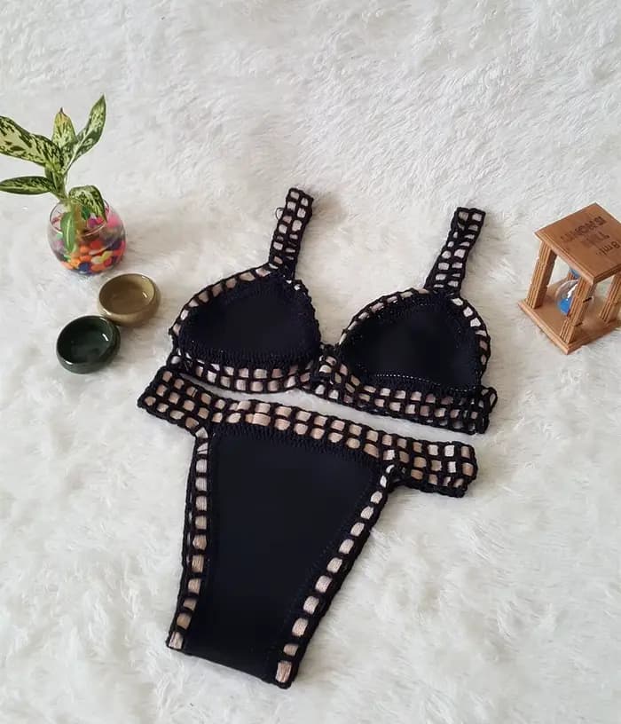 Maillot de bain réversible tricoté à la main pour femme, ensemble deux pièces, sexy, taille basse, pour la plage