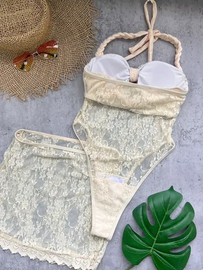 2025 Style dentelle licou femmes une pièce maillot de bain et jupe courte Sexy mode dame 2 pièces