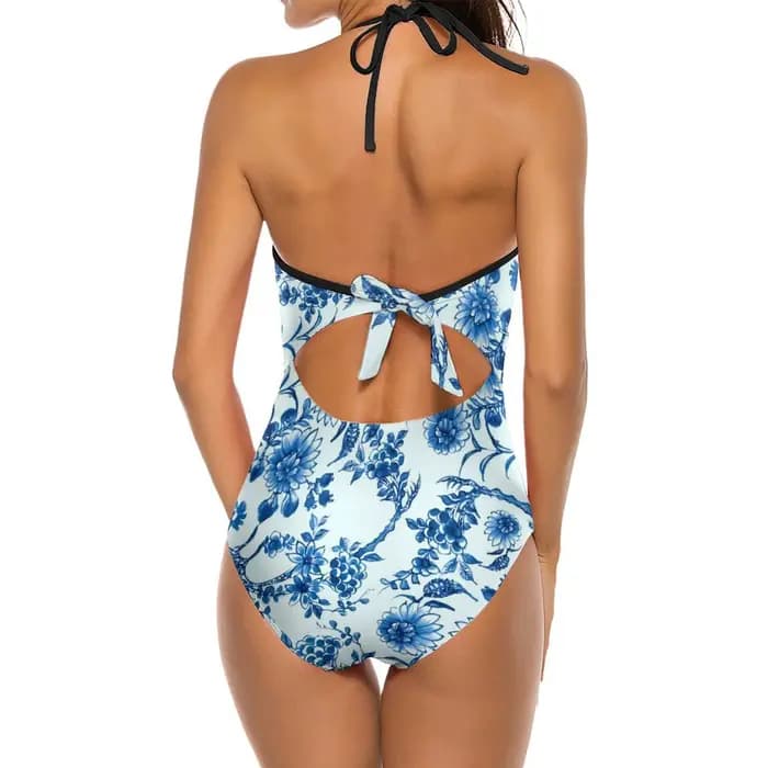 Retro Blue Flower Swimsuit Willow Floral Print Push Up Swimwear One Piece High Cut Bathing Suits Sexy Stylish Swimsuits Big Size