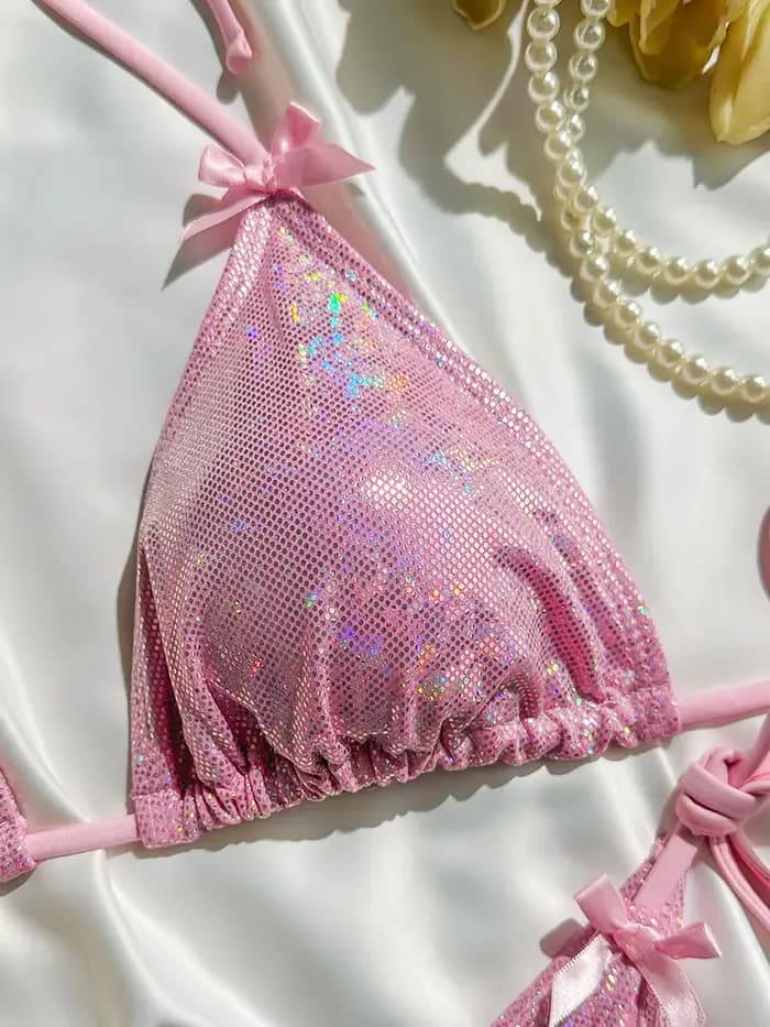 Maillot de bain femme deux pièces à paillettes scintillantes, style halter avec nœud, coupe haute