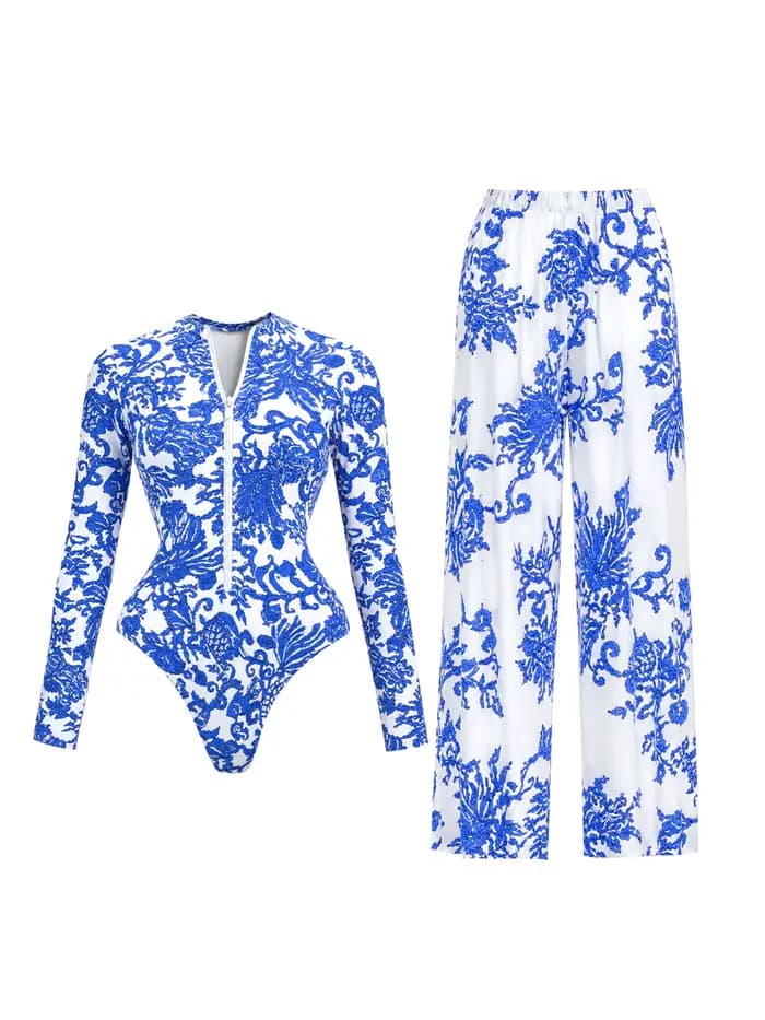 Maillot de bain imprimé à manches longues pour femmes, maillot de bain une pièce avec pantalon, costume de bain sexy pour femmes, vêtements de plage à la mode, tenues de piscine