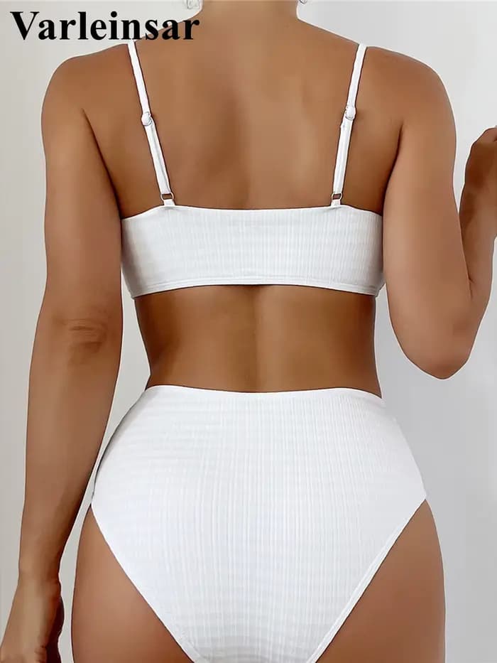 Maillot de bain deux pièces côtelé à perles pour femme, ensemble bikini rembourré, maillot de bain V4352