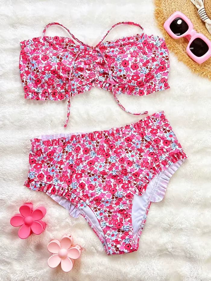 Imprimé fleuri Bandeau deux pièces Bikini ensemble épaules nues femme maillot de bain taille haute plissé pansement femmes maillots de bain maillot de bain