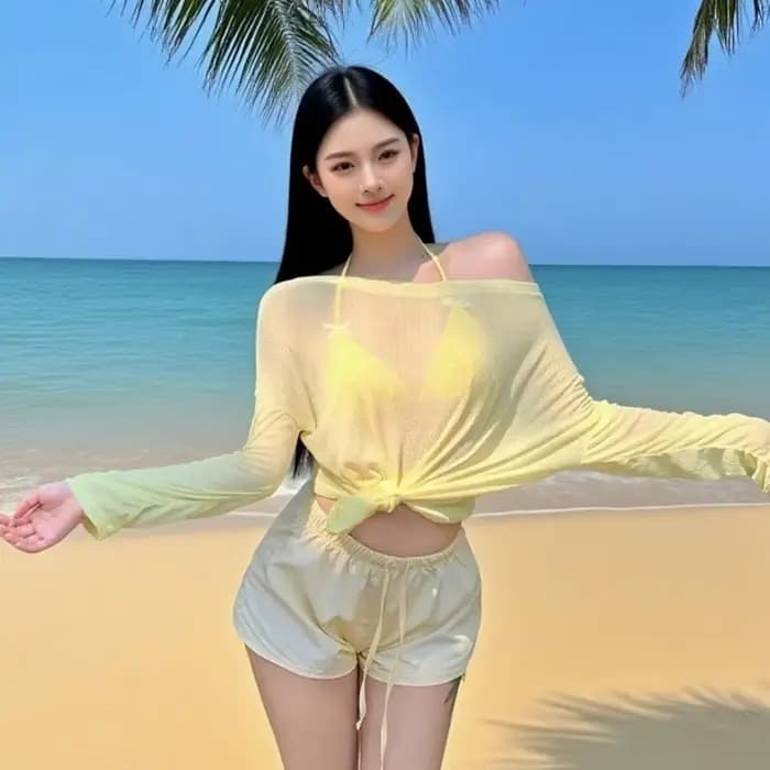 Ensemble de maillots de bain pour femmes à lacets, vêtements de plage, protection solaire, 4 pièces, bikini, maillot de bain ample en maille transparente à manches longues