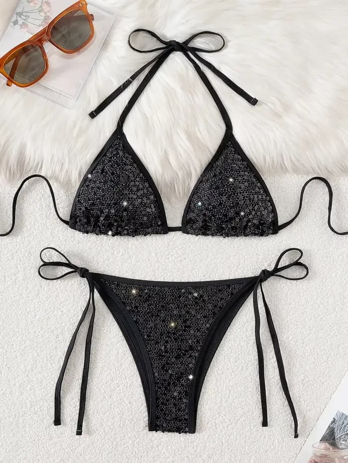 Brillant paillettes noir Bikini ensemble femmes Sexy Push Up soutien-gorge cravate côté Triangle maillot de bain 2025