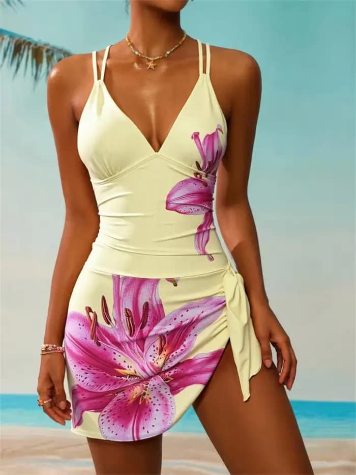 Vintage jaune Lily imprimé fleuri une pièce maillot de bain femmes Double sangle col en V vacances mince ventre