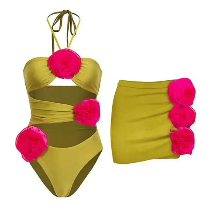 Maillot de bain à fleurs 3D pour femmes, une pièce sexy avec jupe, ensemble deux pièces, tenue de plage bohème