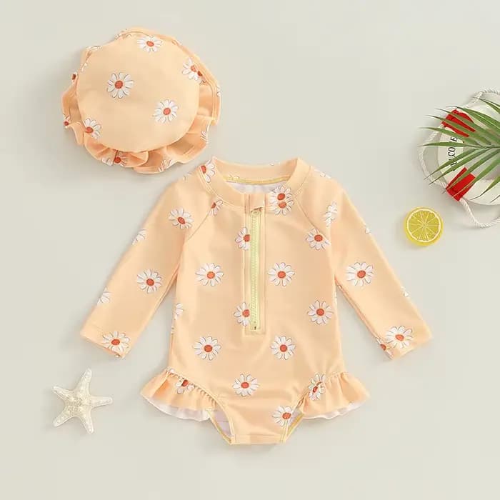 Maillot de bain avec chapeau pour bébé fille, combinaison à manches longues, imprimé fleuri, fermeture éclair, tenue de bain d'été, 0-3M