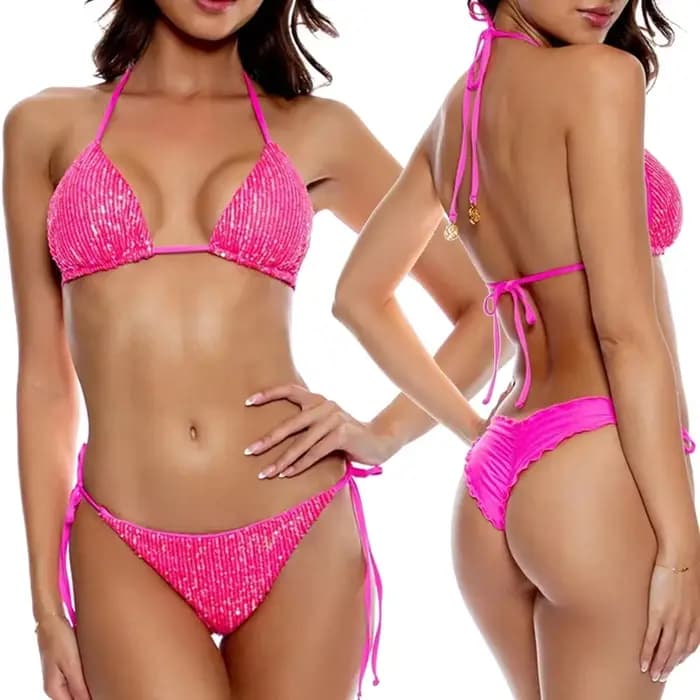Maillot de bain à paillettes pour femmes, bikini solide, sexy, col licou, ensemble deux pièces, vêtements de plage
