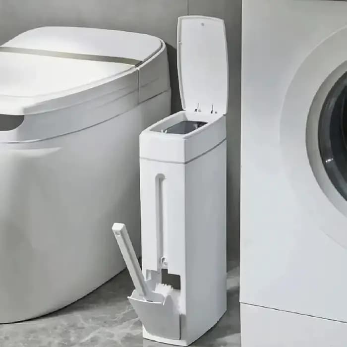 Poubelle de salle de bain domestique avec brosse WC intégrée, poubelle étroite et peu encombrante avec couvercle pour petite salle de bain, accessoire
