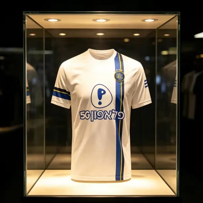 Maillot de football Maccabi Tel Aviv FC 2026 avec base blanche, accents bleus et jaunes, emblème du club, logos des sponsors, pour fans, famille et enfants